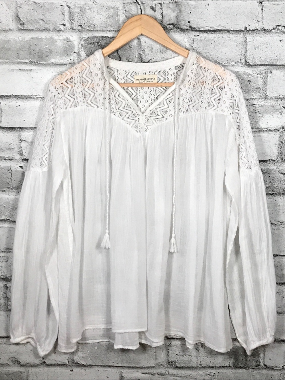 Denim and Supply Ralph Lauren Boho Lace Yoke White Peasant Blouse